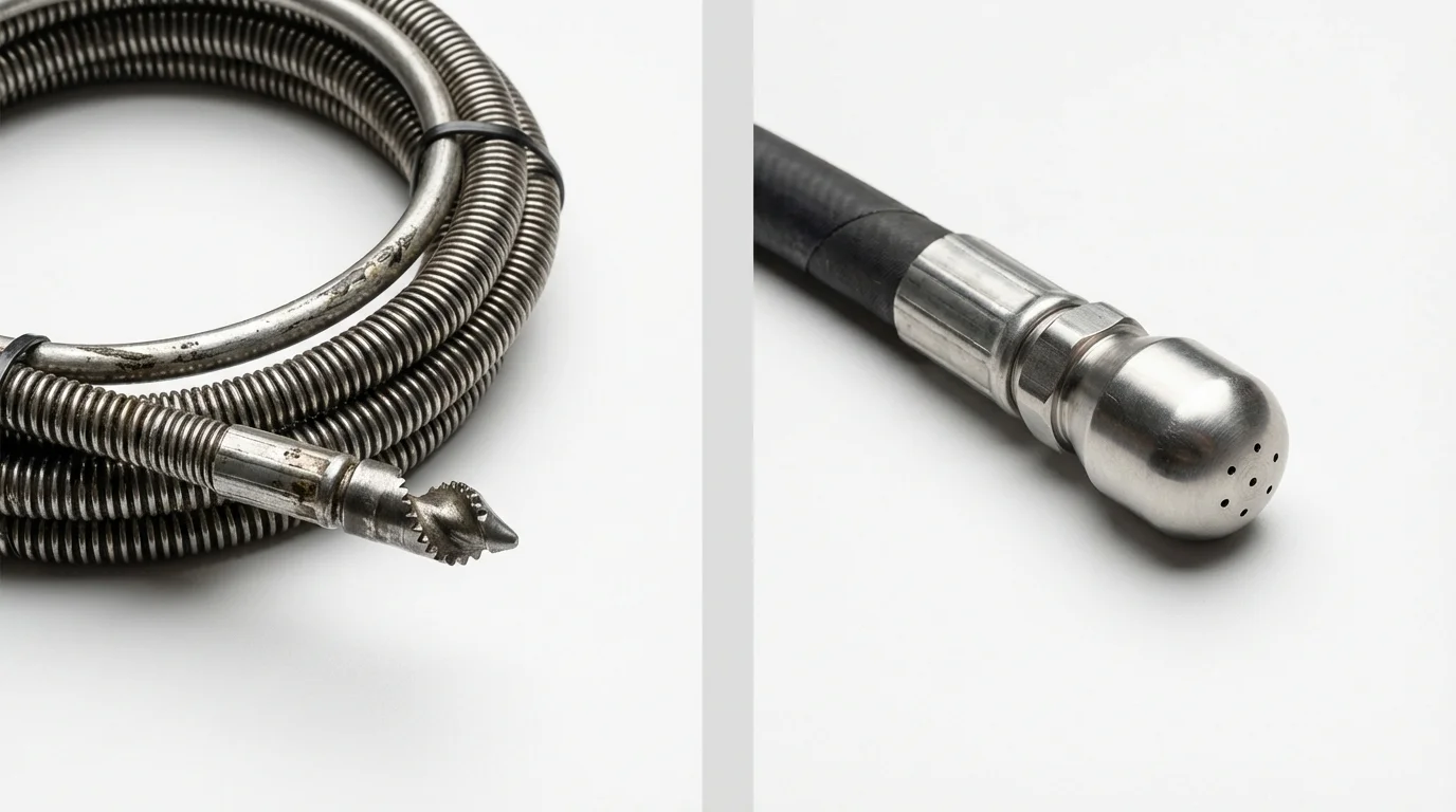 Drain snake cable and hydro jetting nozzle used for drain cleaning in Woodstock, IL