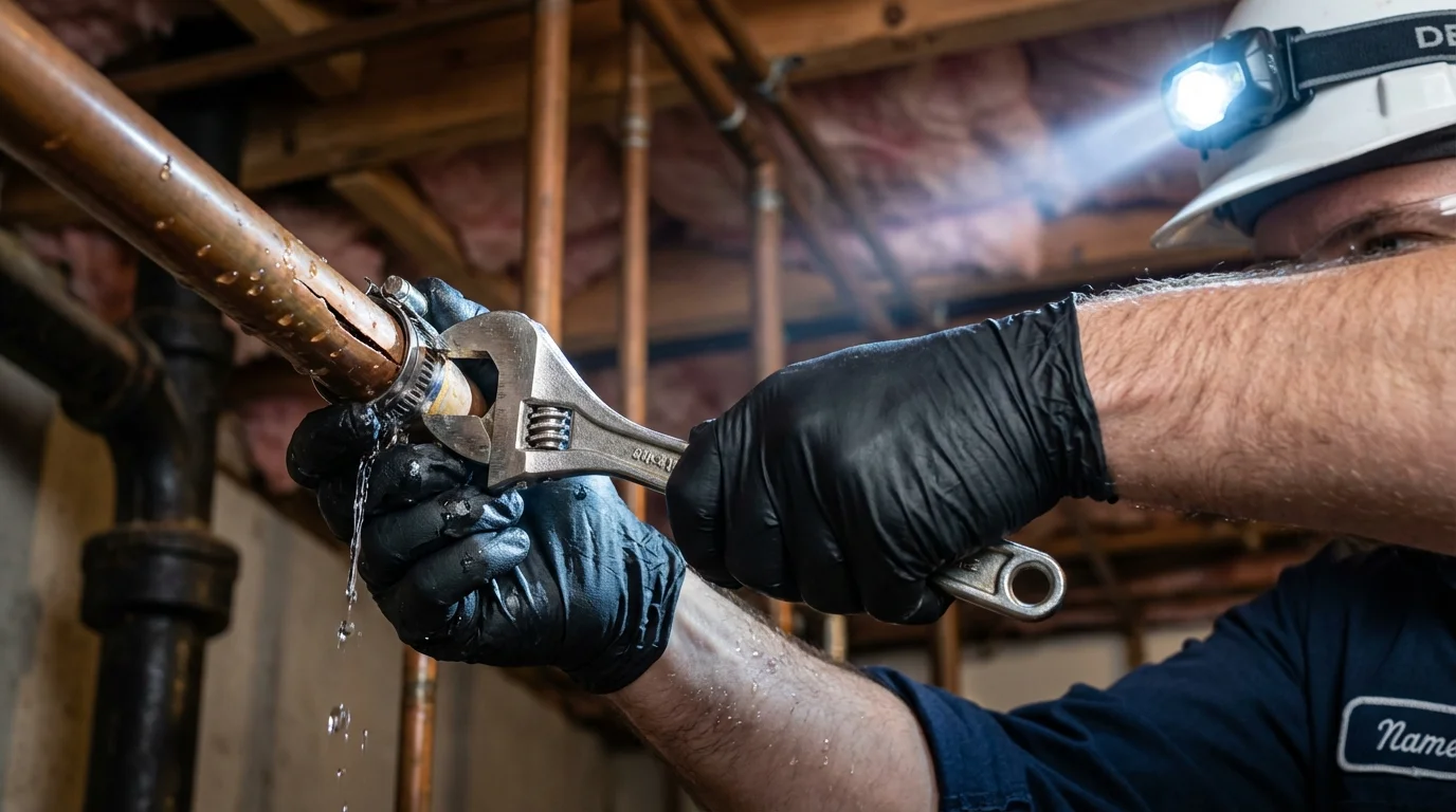 Emergency pipe clamp repair being performed by a Johns Plumbing LLC plumber in Woodstock