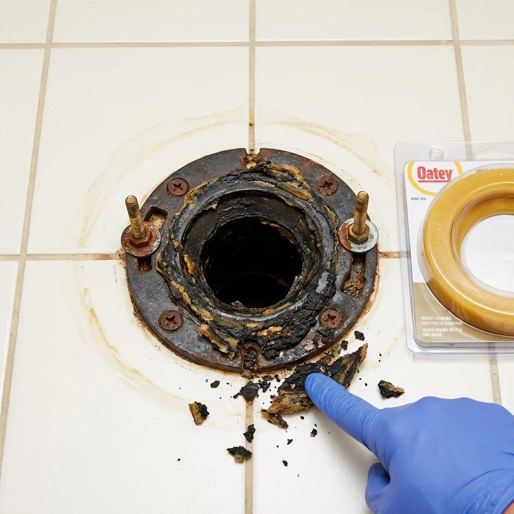 Failed wax ring showing water seepage at the base of a toilet in a Woodstock, IL home