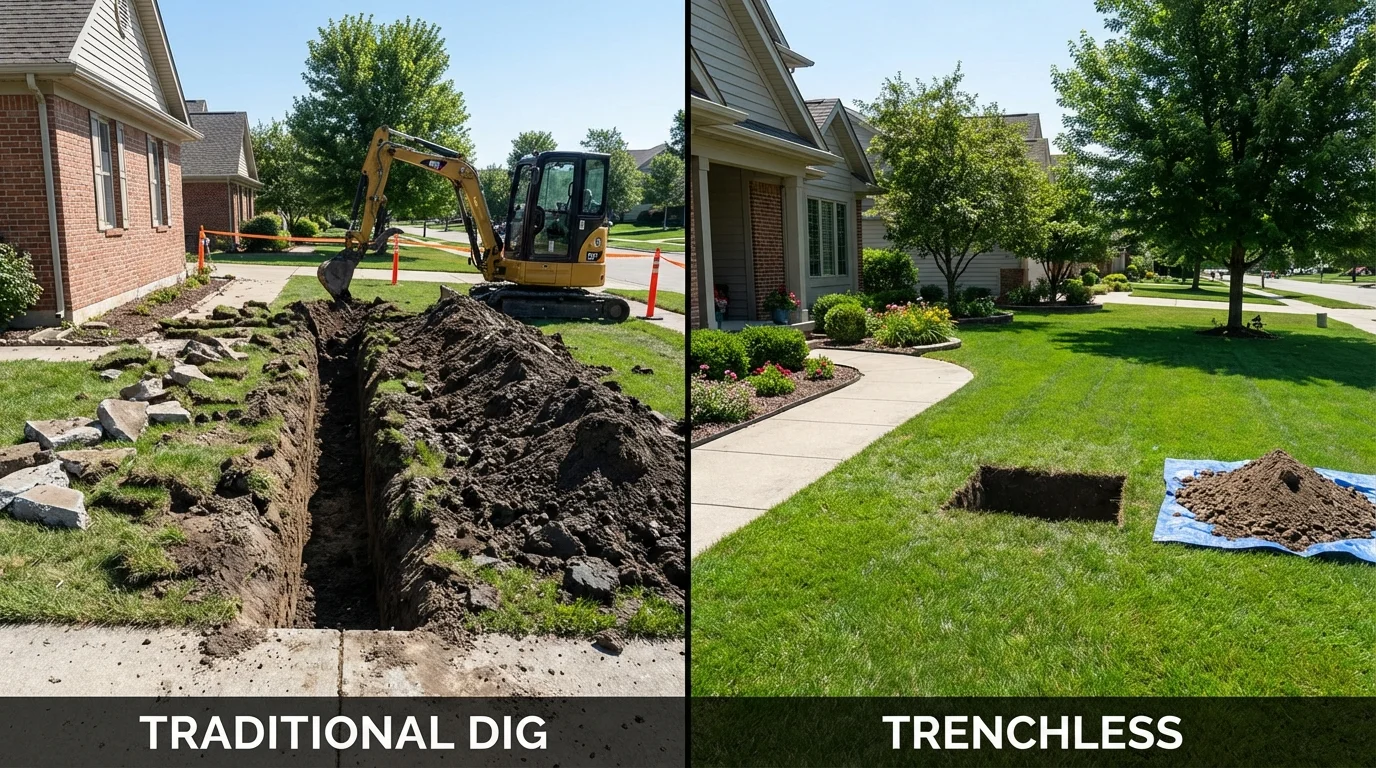 Trenchless sewer repair with minimal yard damage versus traditional excavation in Woodstock, IL