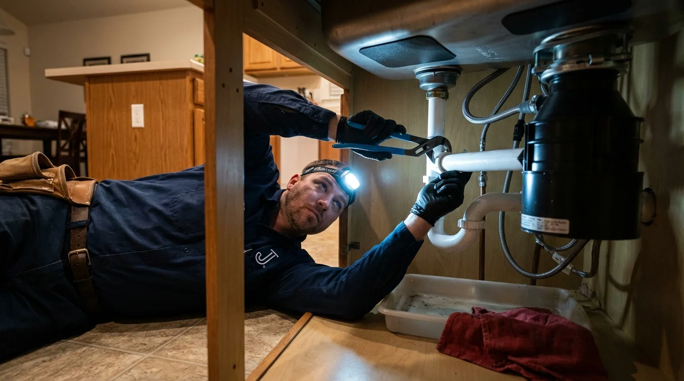 P-trap and supply line connections under a kitchen sink showing a common leak point in Woodstock, IL